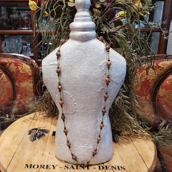 Vintage Judie Ingram Brown Granite & Amber Glass Beaded Necklace 34" - Picture 3 of 6